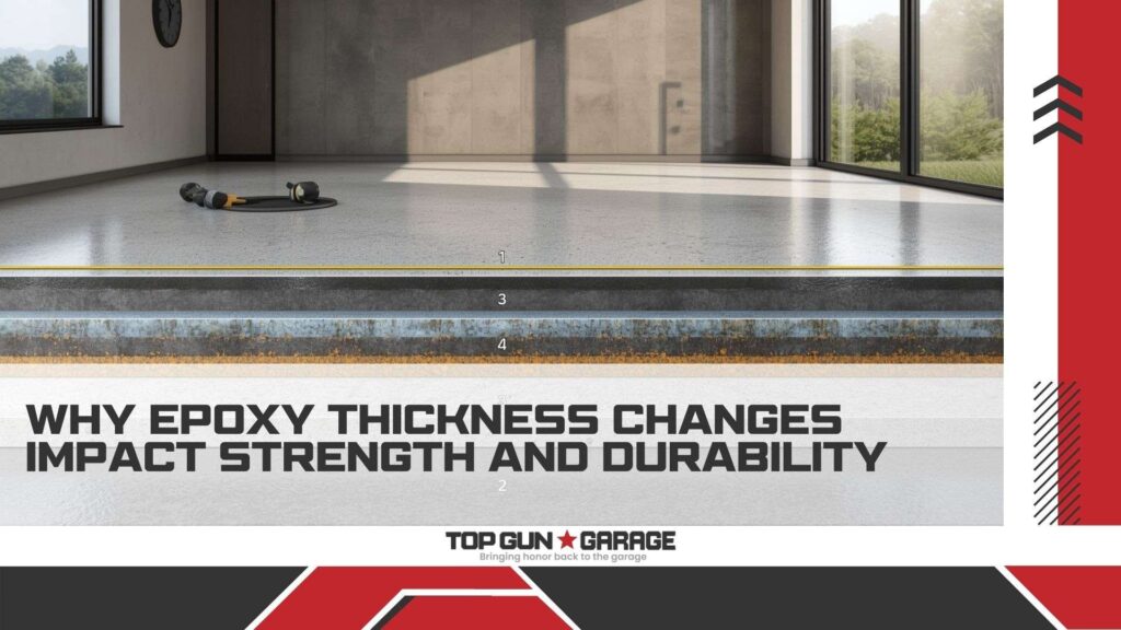 Cross-section view of epoxy flooring showing different thickness layers in a modern garage setting