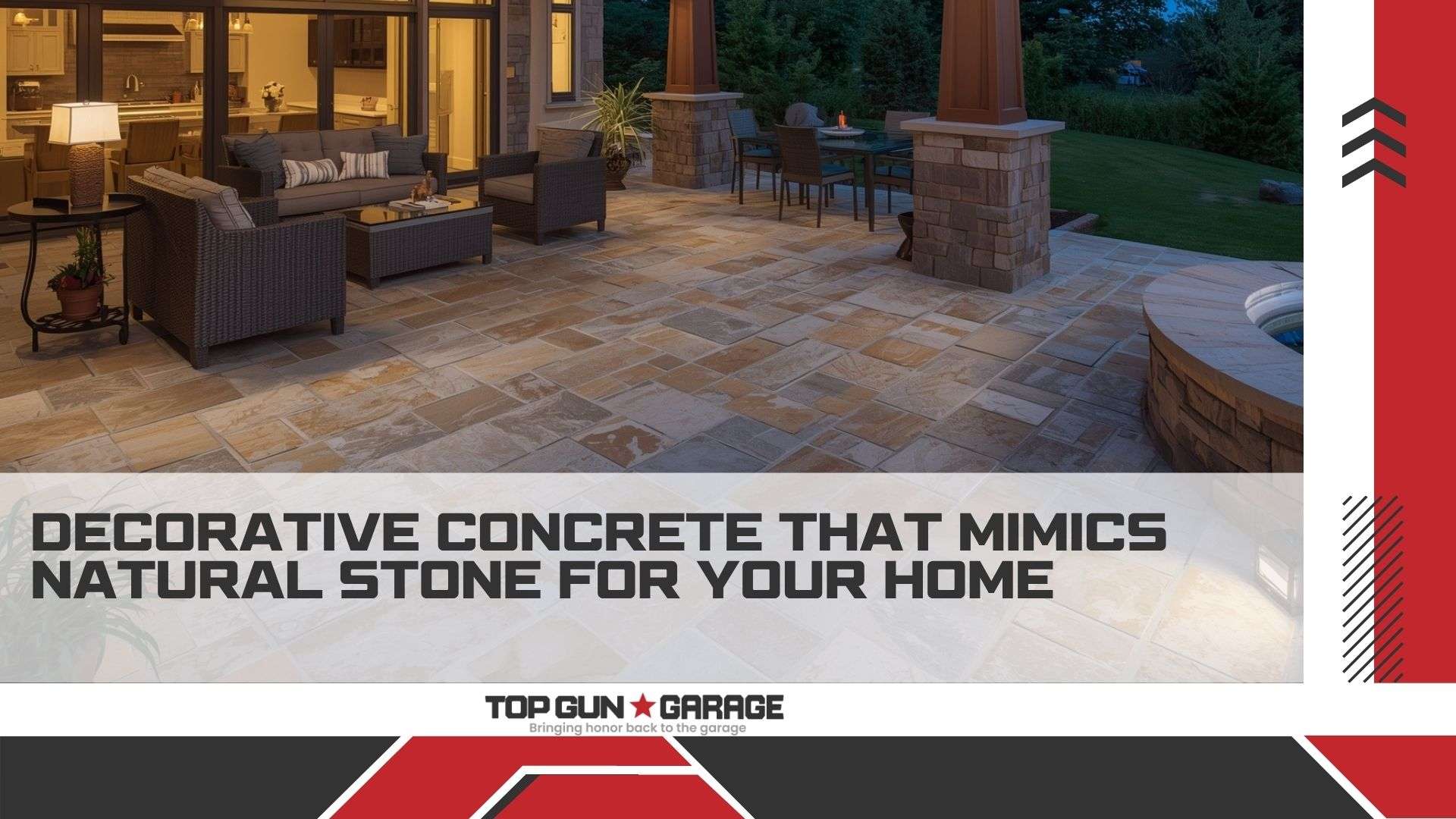 |IMAGE PROMPT: Close-up view of skilled contractor applying decorative concrete stamping technique to create natural stone texture