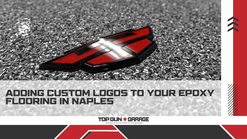 Custom Logo Epoxy Floors|Close-up detail of a custom logo embedded in a gray flake epoxy garage floor in Naples