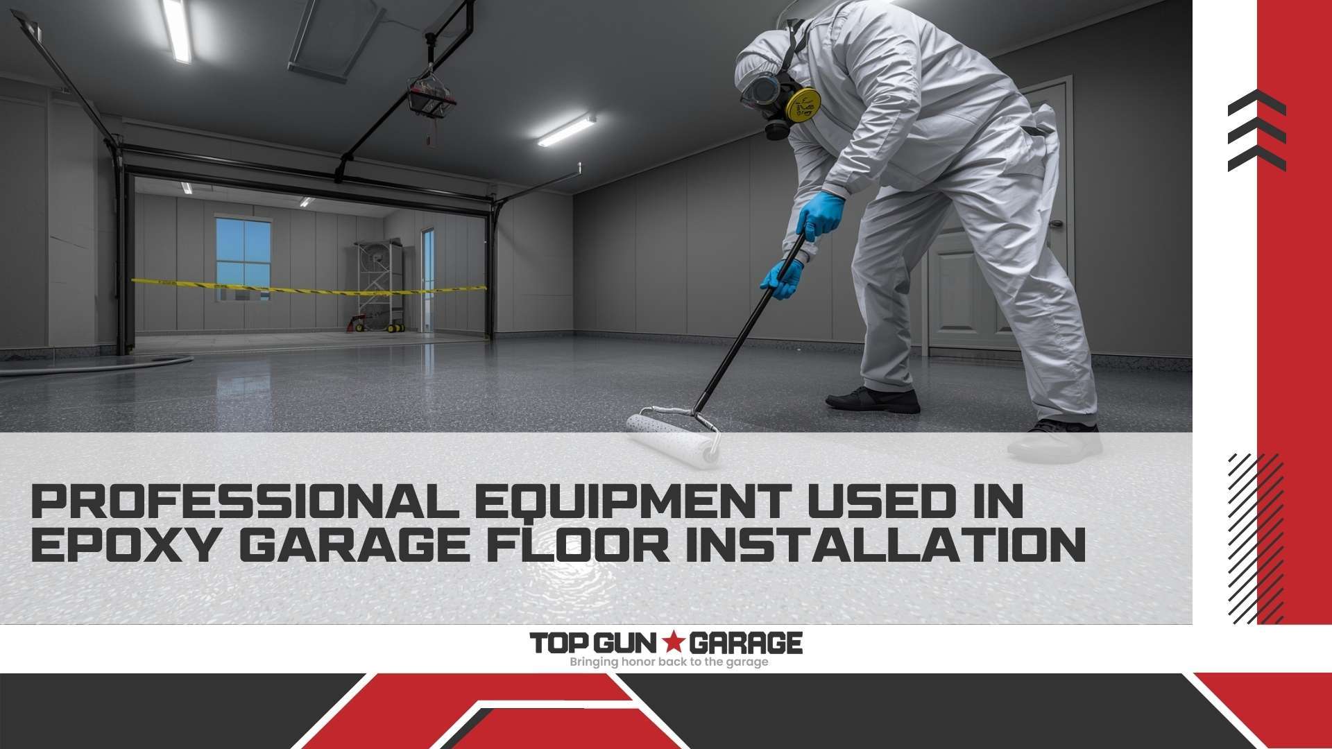 epoxy garage floor installation safety|A detailed16 medium shot of a worker in full PPE including a full-face respirator and chemical-resistant Tyvek suit