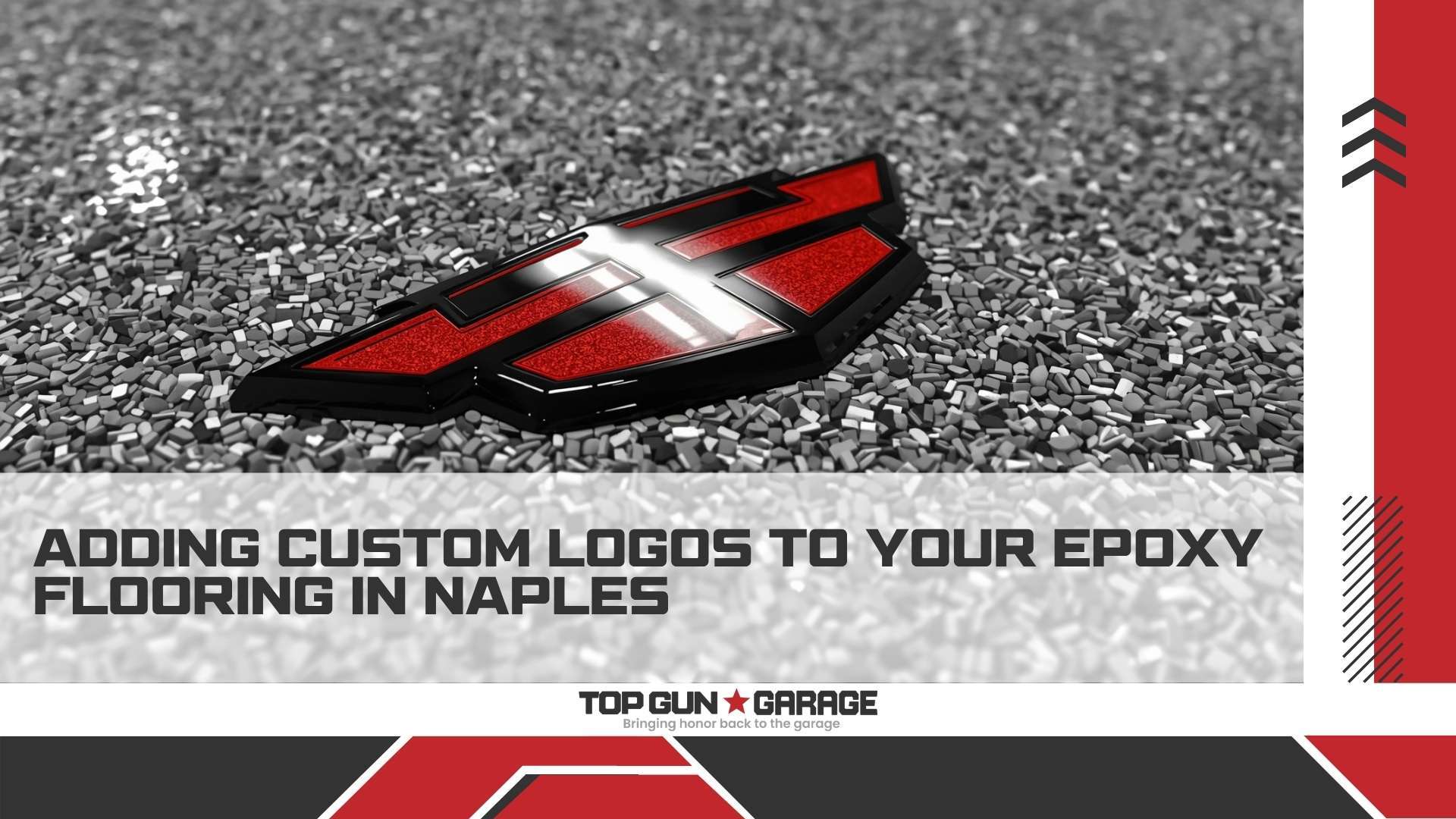 Custom Logo Epoxy Floors|Close-up detail of a custom logo embedded in a gray flake epoxy garage floor in Naples