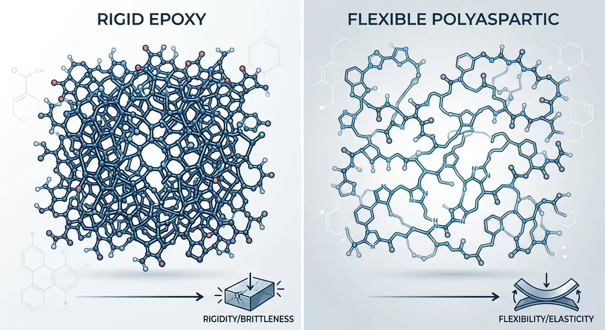 Side-by-side molecular structure comparison showing the cross-linking differences between rigid epoxy and flexible polyaspartic floor coatings