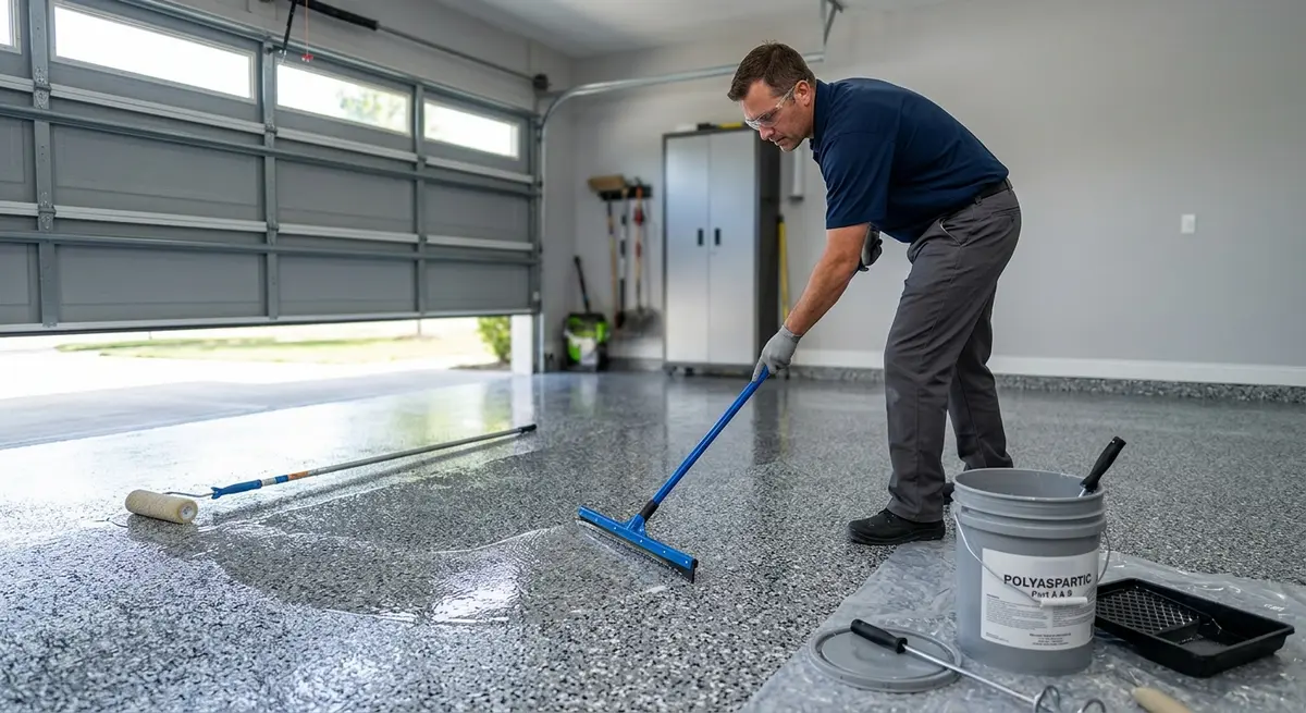 Professional installer applying a UV-stable polyaspartic topcoat to a residential garage floor using a squeegee and roller