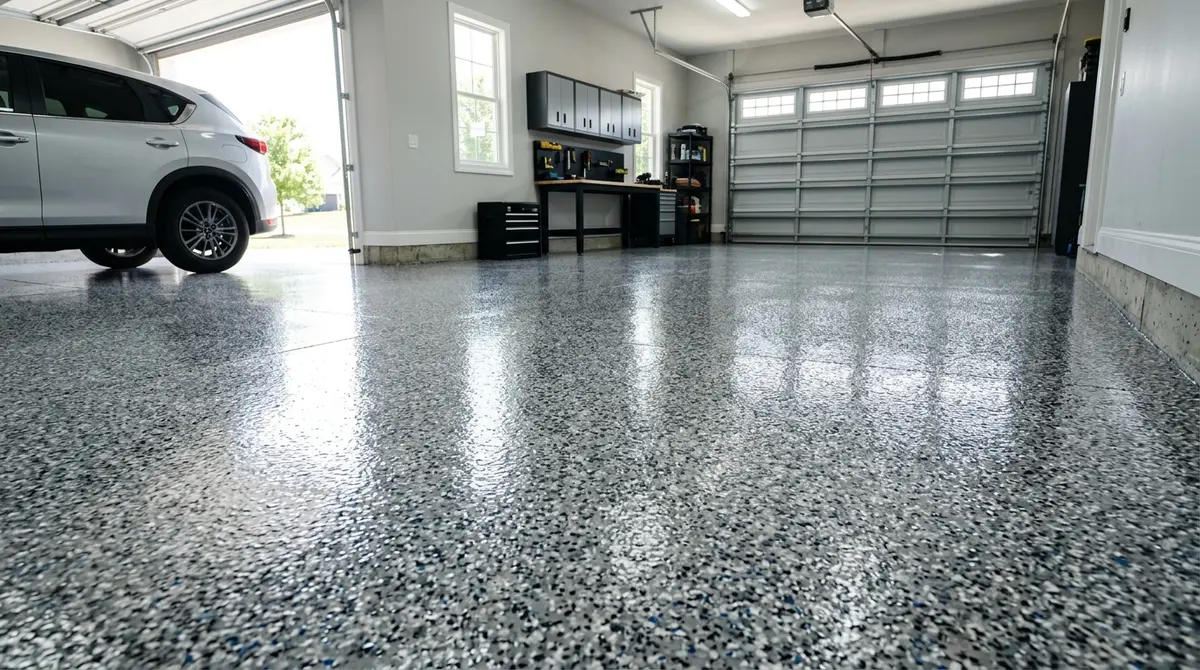 Completed hybrid epoxy and polyaspartic garage floor coating with decorative flake broadcast and high-gloss finish