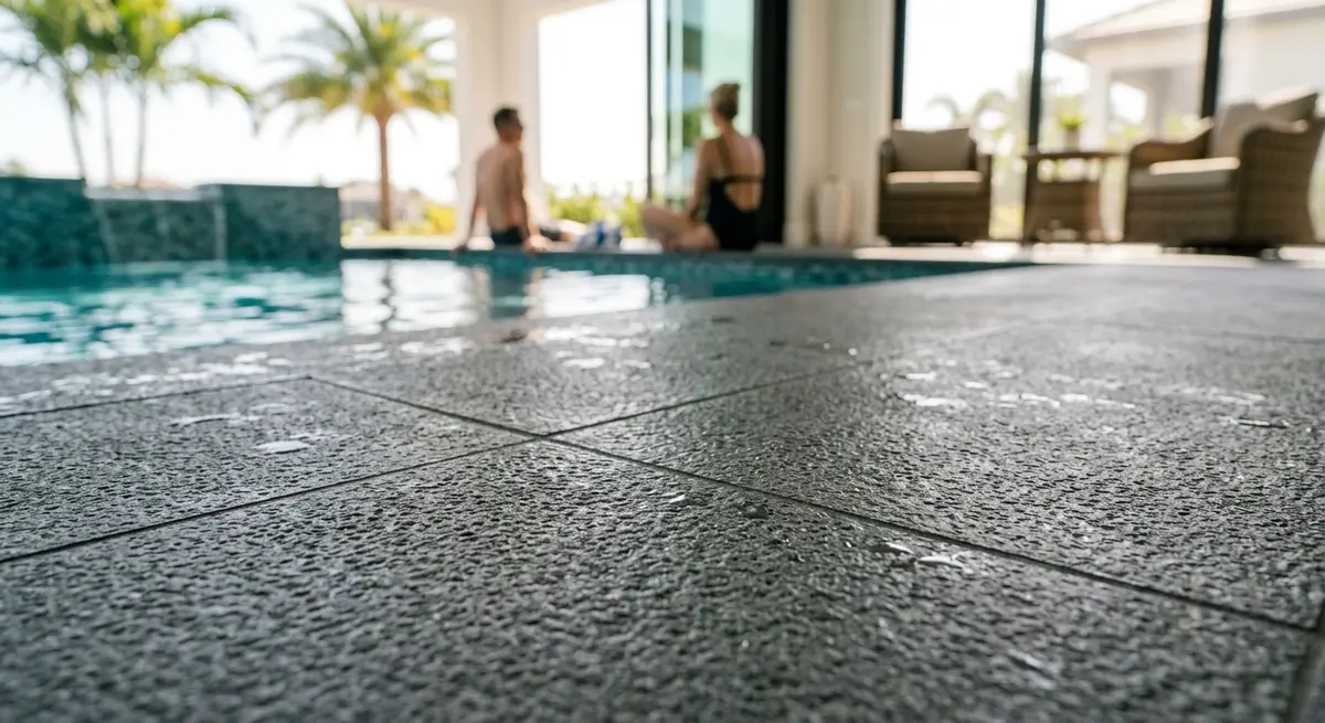Close-up of micro-textured slip-resistant flooring in a Naples pool house