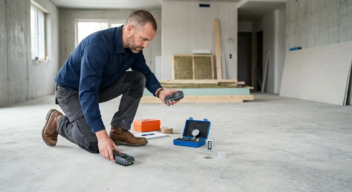 Professional contractor evaluating a concrete subfloor for moisture vapor transmission
