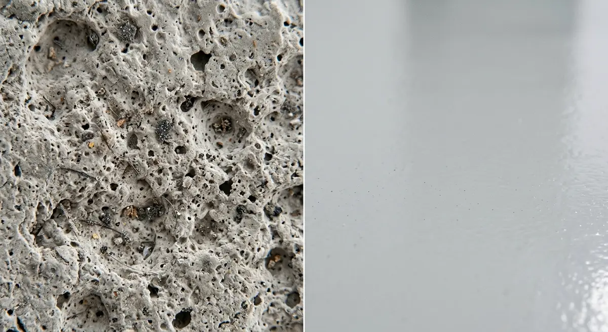 Microscopic view comparison of porous bare concrete trapping dust versus a sealed, allergen-free polymer floor coating