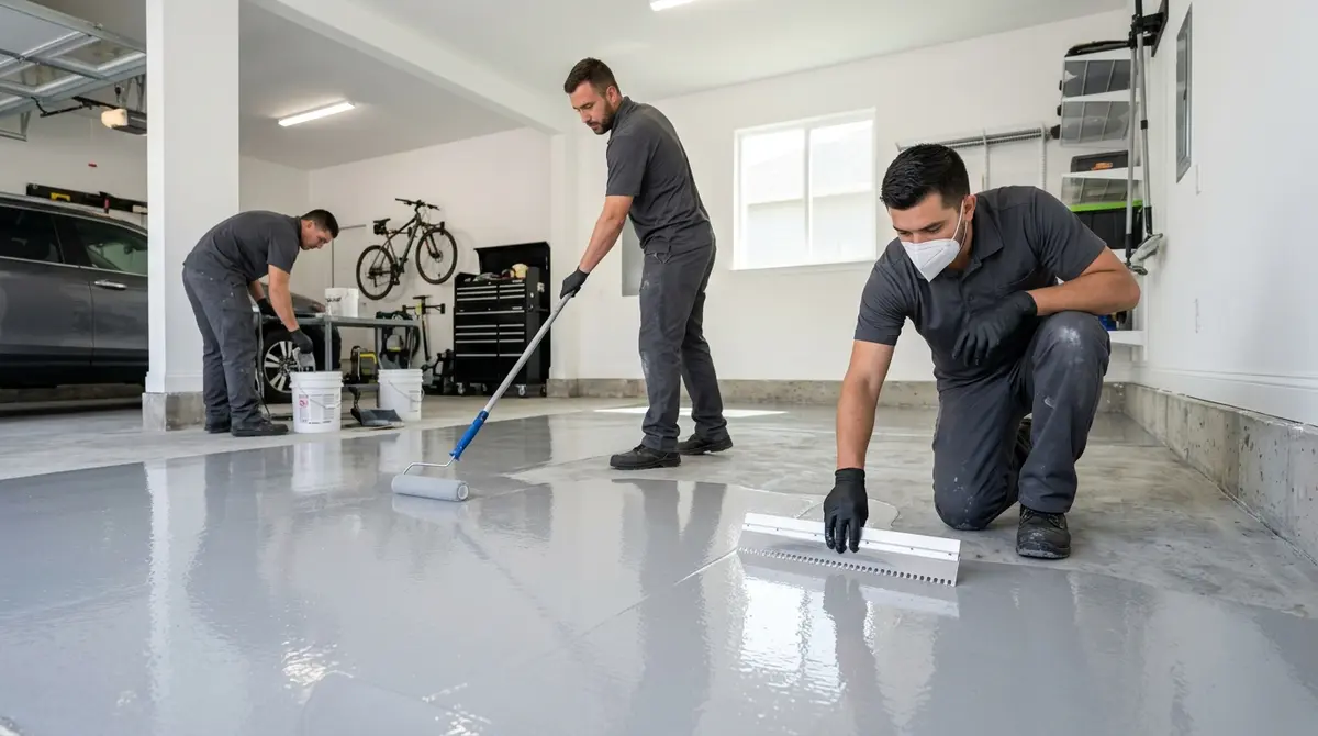 Professional installation team applying a seamless polyaspartic floor coating to seal out allergens and moisture