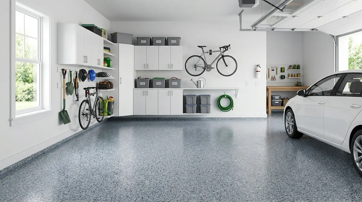 A clean, allergen-free garage featuring a custom flake floor coating that resists dust accumulation and mold