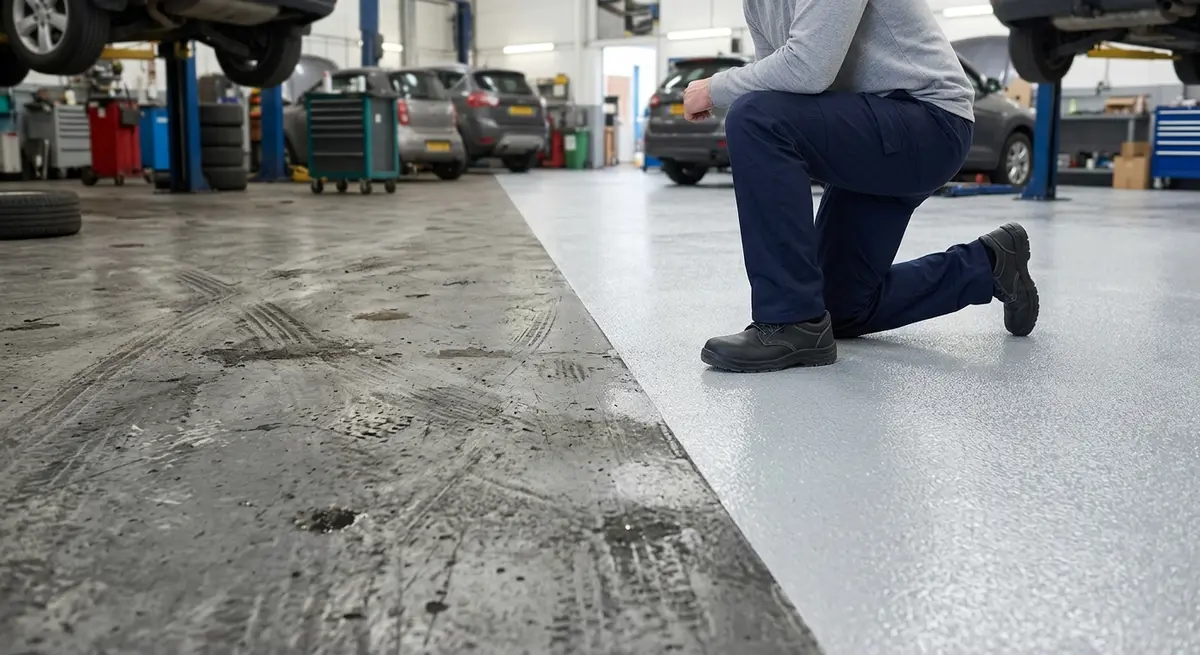 Comparison of worn versus newly installed slip-resistant epoxy flooring in a commercial garage
