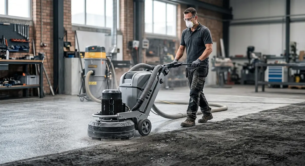Professional contractor using a diamond grinder to prepare a concrete floor for a slip-resistant coating