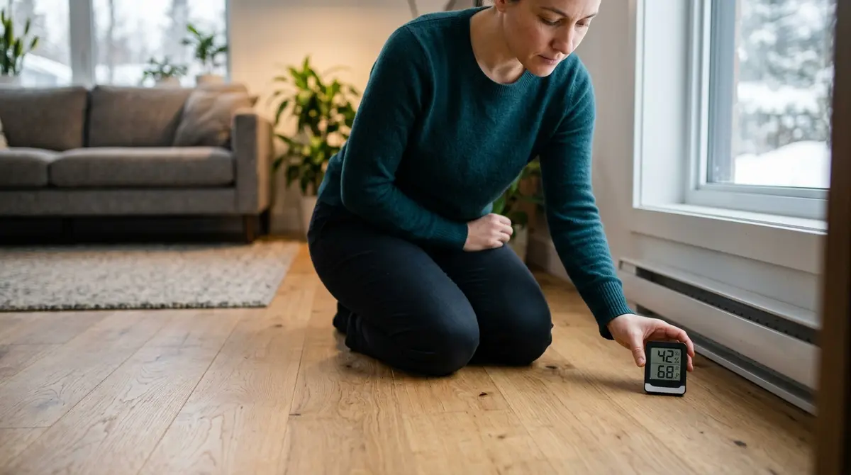 A homeowner using a hygrometer to check indoor humidity levels near a hardwood floor during winter