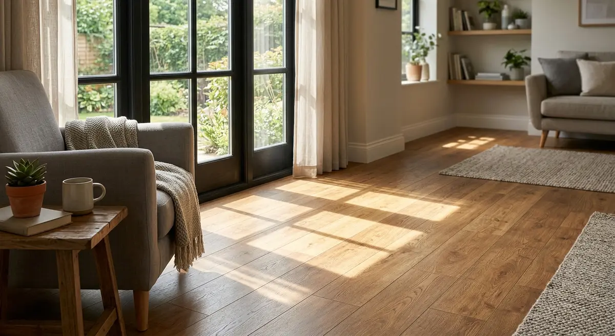 Sunlight streaming through a window onto a luxury vinyl plank floor, demonstrating UV exposure