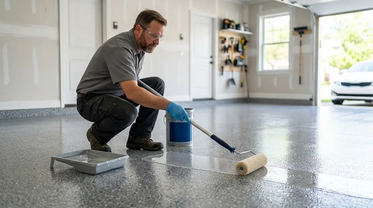 A professional technician applying a clear polyaspartic topcoat to a residential garage floor