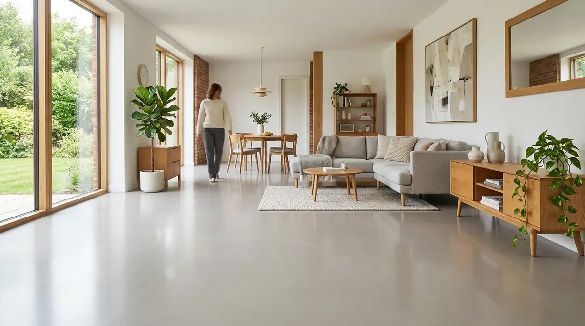 A seamless polyurethane resin floor in a modern residential living room