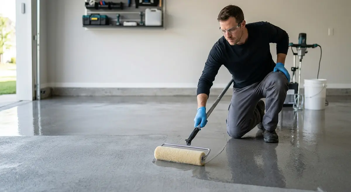 Professional contractor applying a polyaspartic topcoat to a prepared concrete substrate
