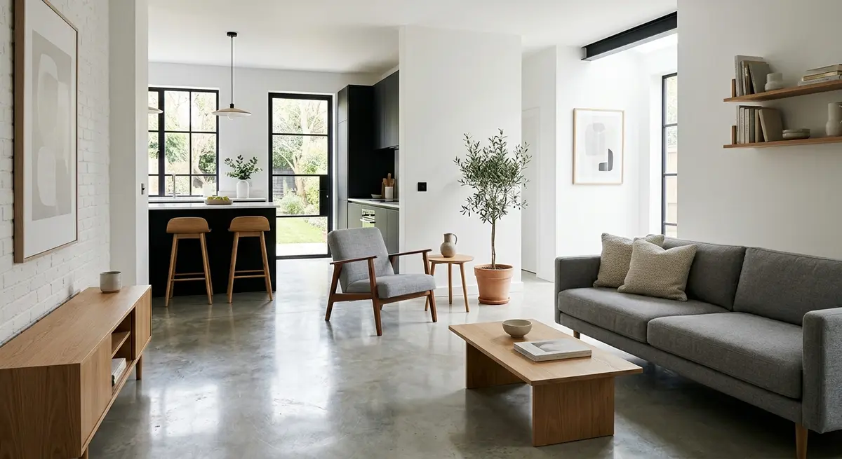Modern garage apartment featuring seamless polished concrete floors and contemporary minimalist furniture
