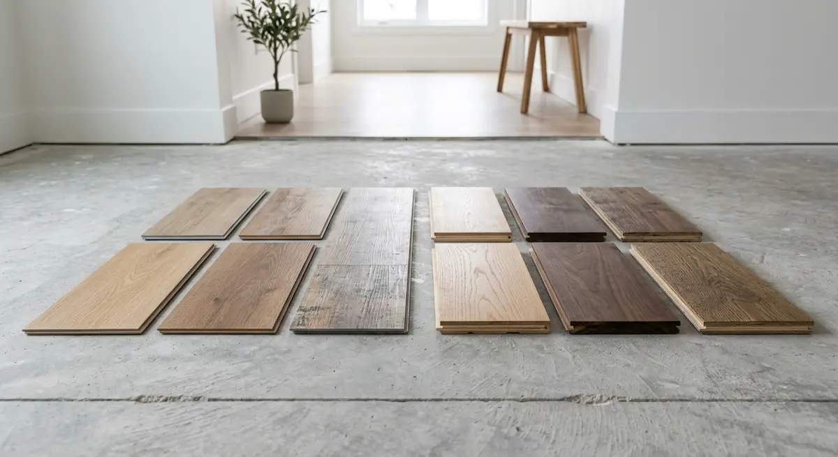 Comparison of luxury vinyl plank and engineered hardwood flooring samples laid out on a concrete subfloor