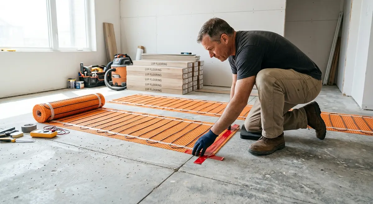 Contractor installing electric radiant heating mats over a concrete subfloor before laying luxury vinyl planks