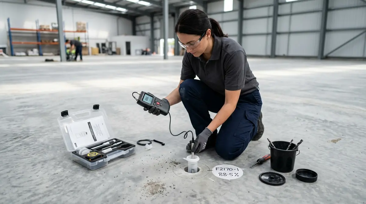 Technician conducting an ASTM F2170 relative humidity moisture test on a concrete slab before applying epoxy