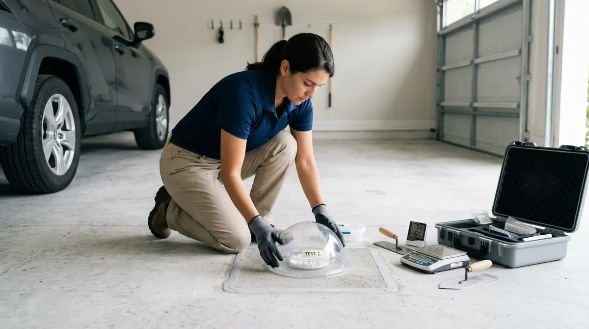 Technician performing moisture vapor transmission testing on a Naples garage floor
