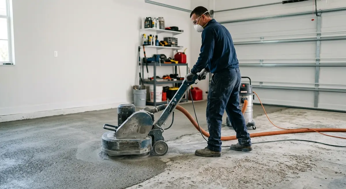 Industrial planetary grinder preparing a concrete garage floor in Naples